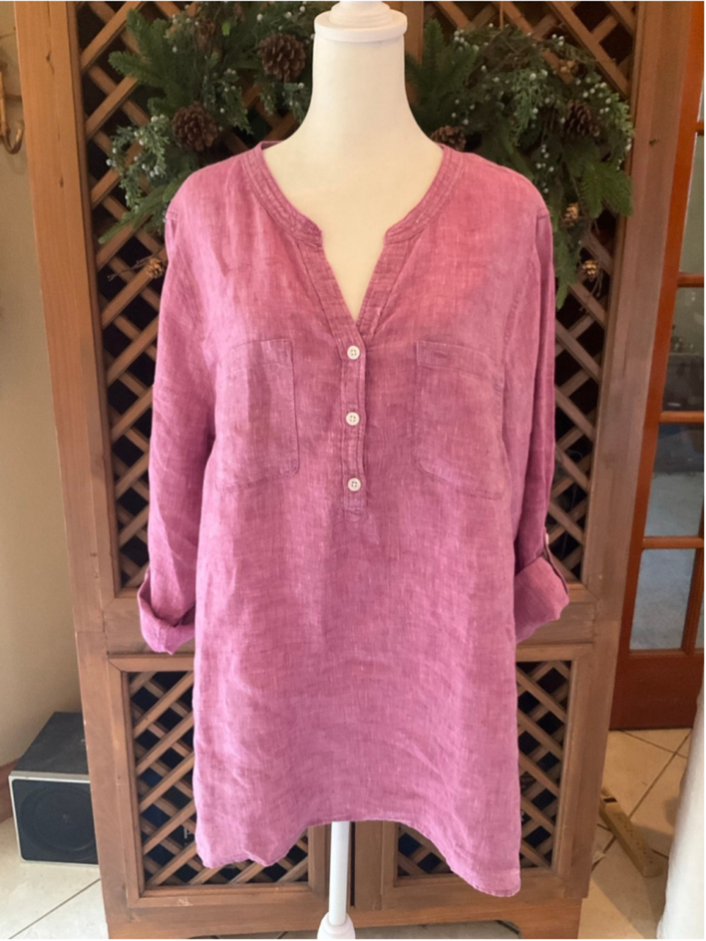 Talbots Linen Pink Roll Tab Sleeve Popover Tunic Top XL